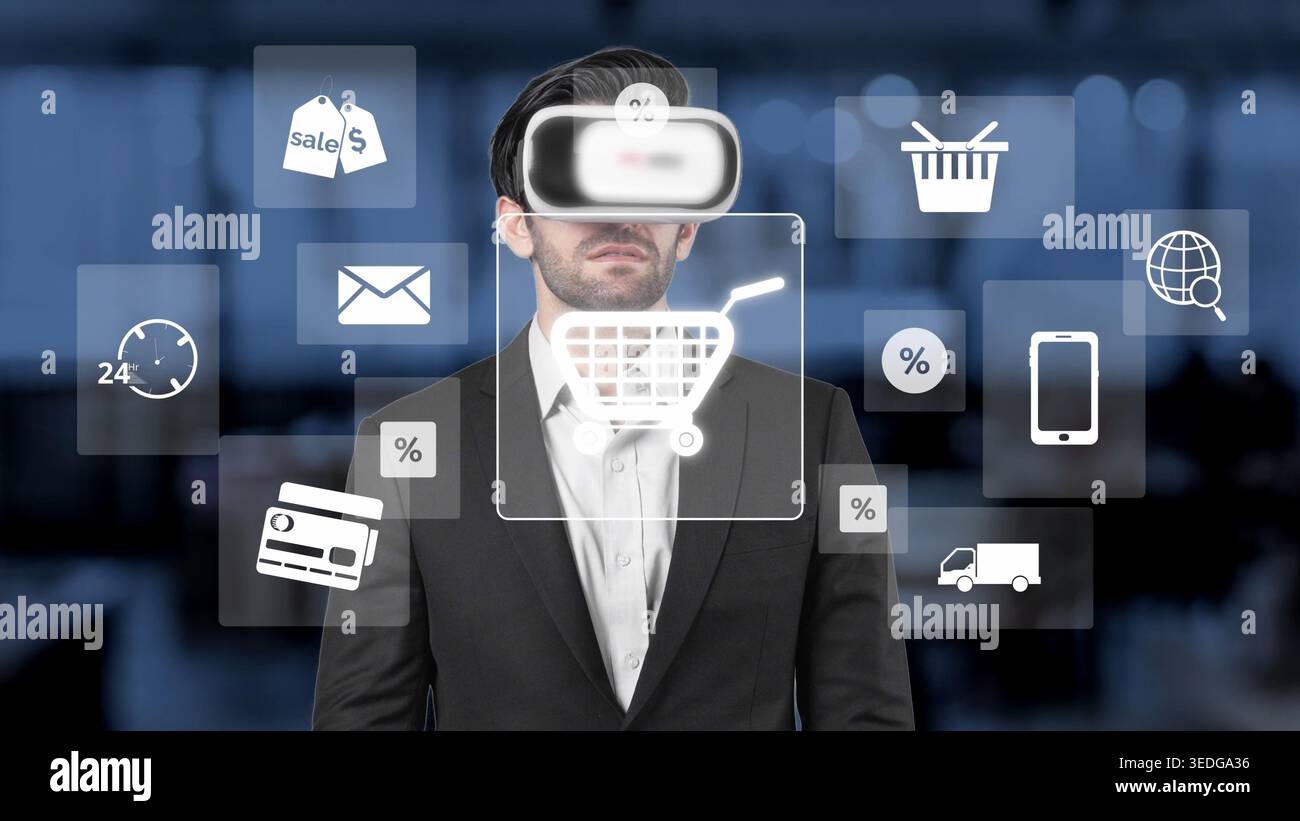 Un uomo d'affari che indossa un visore per la realtà virtuale esplora un panorama di shopping futuristico, evidenziando l'intersezione tra tecnologia e online Foto Stock