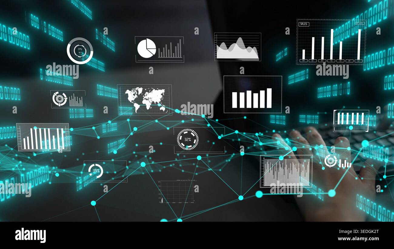 Un'accattivante visualizzazione digitale con grafici, grafici e reti di dati sopra la tastiera di un computer, simboleggiando tecnologia e business Foto Stock