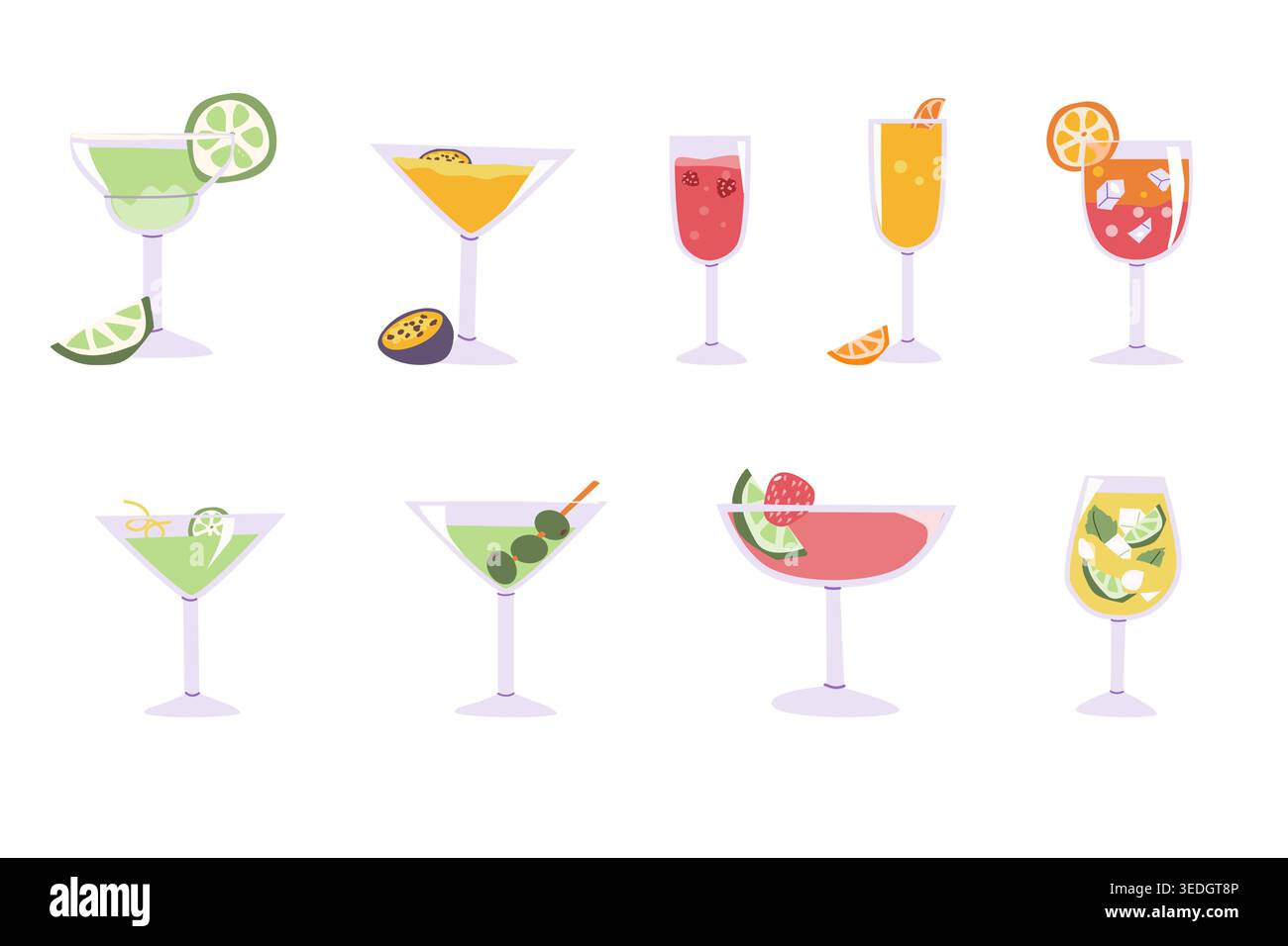 Set di cocktail in stile piatto vettoriale. Include vari cocktail colorati con decorazioni come frutta ed erbe aromatiche. Cocktail vari - martini, sp Illustrazione Vettoriale