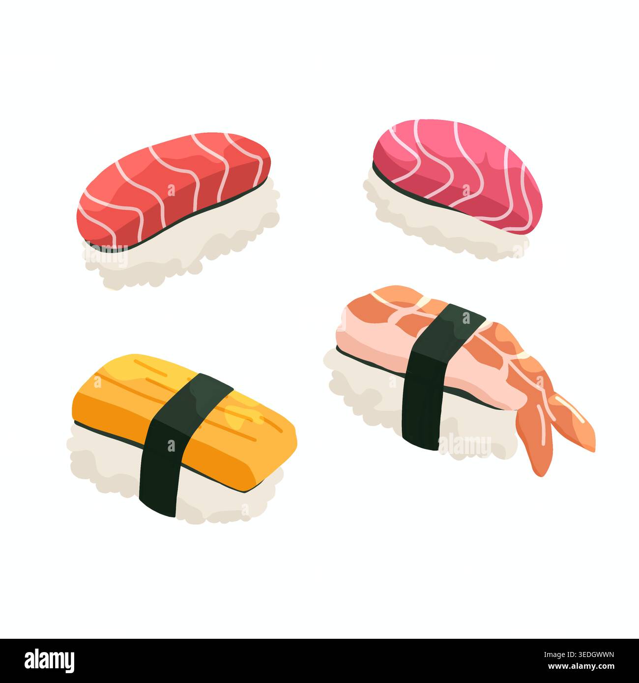 Set di illustrazioni piatte che presenta graziosi elementi di sushi in un tema di cucina giapponese Foto Stock