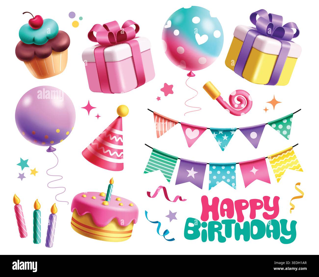 Set clipart elementi compleanno. Clip art con elementi colorati come scatola regalo, torta, palloncini, cupcake, pennant, candele, fischio soffiante e cappello da festa Illustrazione Vettoriale