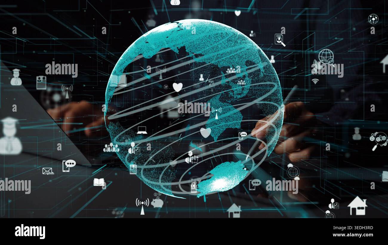 Un'accattivante visualizzazione digitale di un globo circondato da varie icone, che rappresenta l'essenza della tecnologia, della connettività e del moderno Foto Stock