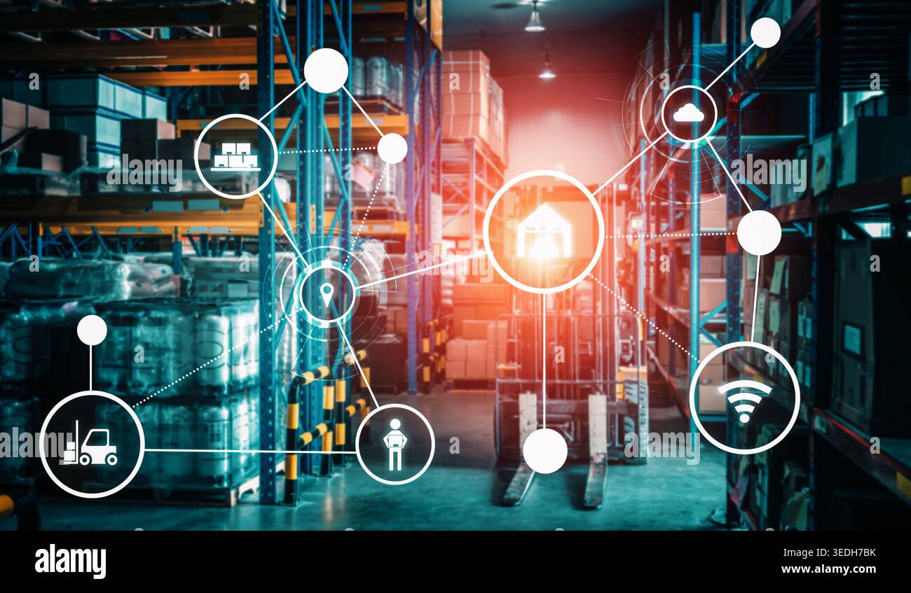 Sistema di gestione intelligente del magazzino con tecnologia innovativa dell'Internet delle cose per identificare il prelievo e la consegna delle confezioni . Futuro concetto di fornitura Foto Stock