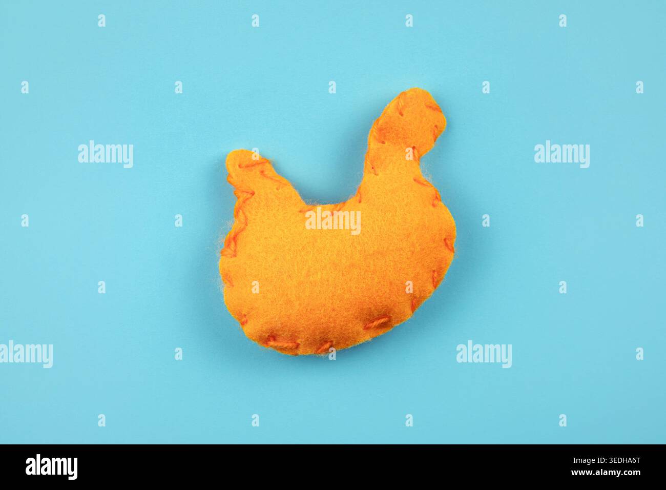 Concetto di salute dello stomaco. Vista ravvicinata di uno stomaco in feltro giallo su uno sfondo azzurro in interni. Molto spazio per le copie. Foto Stock