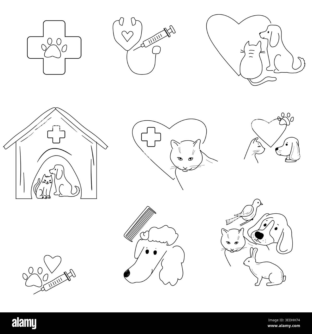Icone sul tema della cura degli animali e della clinica veterinaria. Illustrazione vettoriale. Schizzi disegnati a mano, la collezione è isolata su uno sfondo bianco Illustrazione Vettoriale
