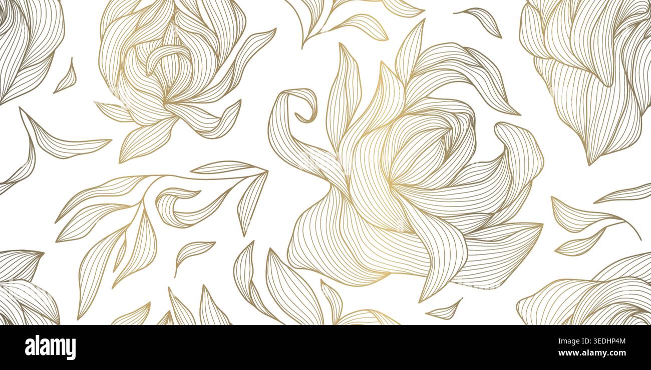 Elegante motivo floreale senza cuciture con eleganti fiori e foglie dorate sullo sfondo. Illustrazione vettoriale vintage, invito al matrimonio, carta nuziale Illustrazione Vettoriale