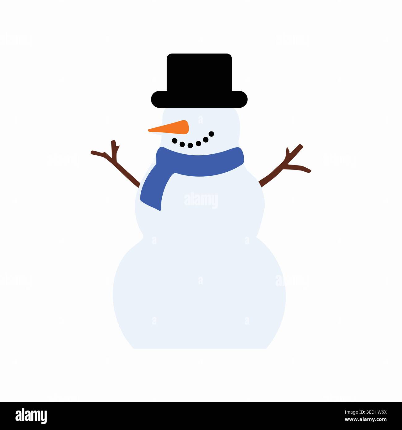 Semplice illustrazione di un pupazzo di neve che indossa un cappello nero e una sciarpa blu con braccia ramoscelli e una faccia sorridente. Illustrazione Vettoriale