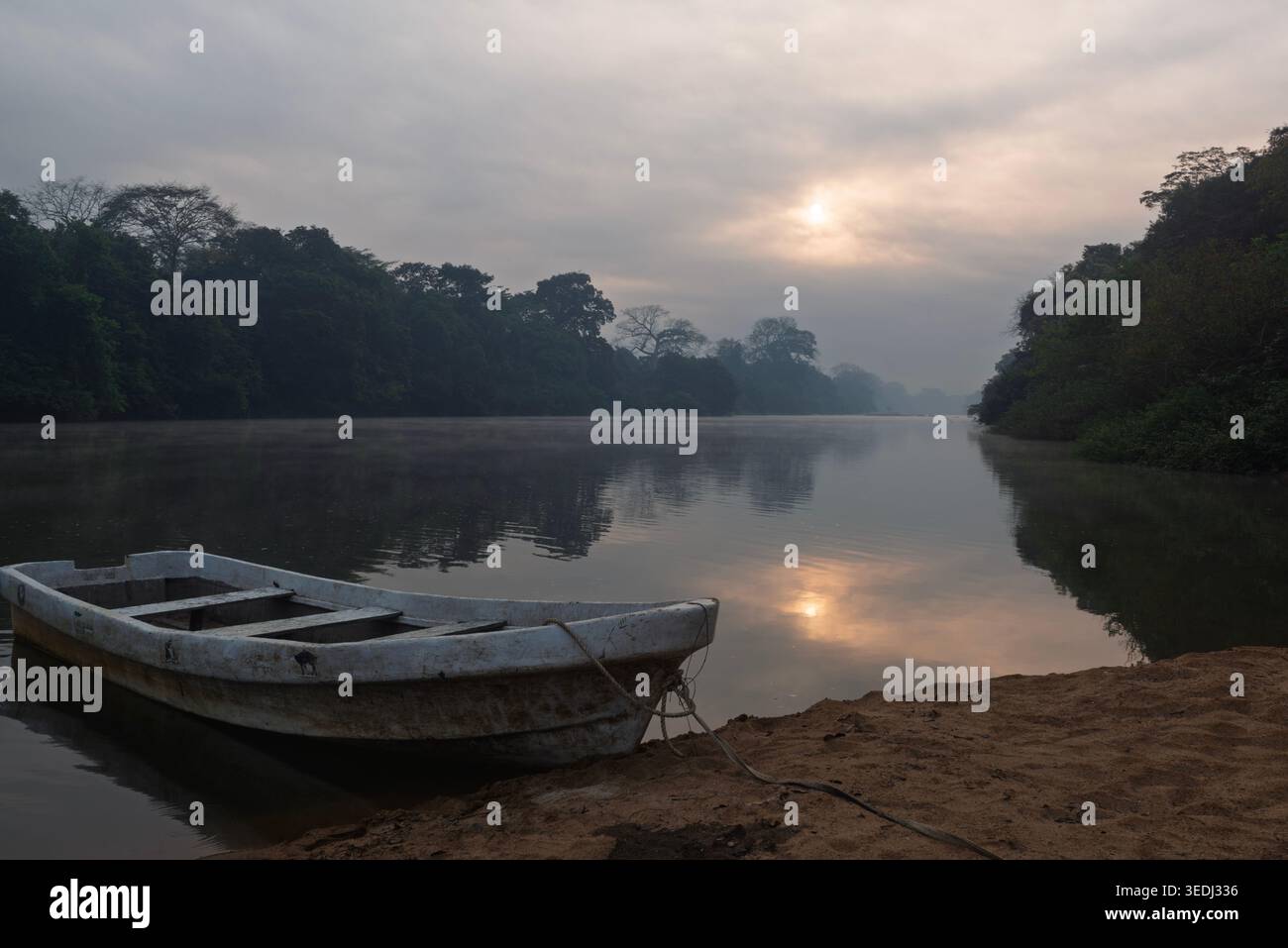 Piccola barca ormeggiata sulla riva del fiume Kilimi nella nebbia mattutina e nel sole che sorge. Parco nazionale Outamba-Kilimi, distretto di Karene, Sierra Leone. Foto Stock