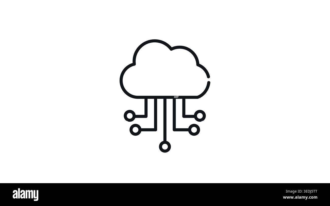 Icona del cloud computing e dell'intelligenza artificiale: Simbolo del cloud con linee di circuiti stampati, illustrazione minimalista del vettore grafico della linea nera per la tecnologia e l'intelligenza artificiale Illustrazione Vettoriale