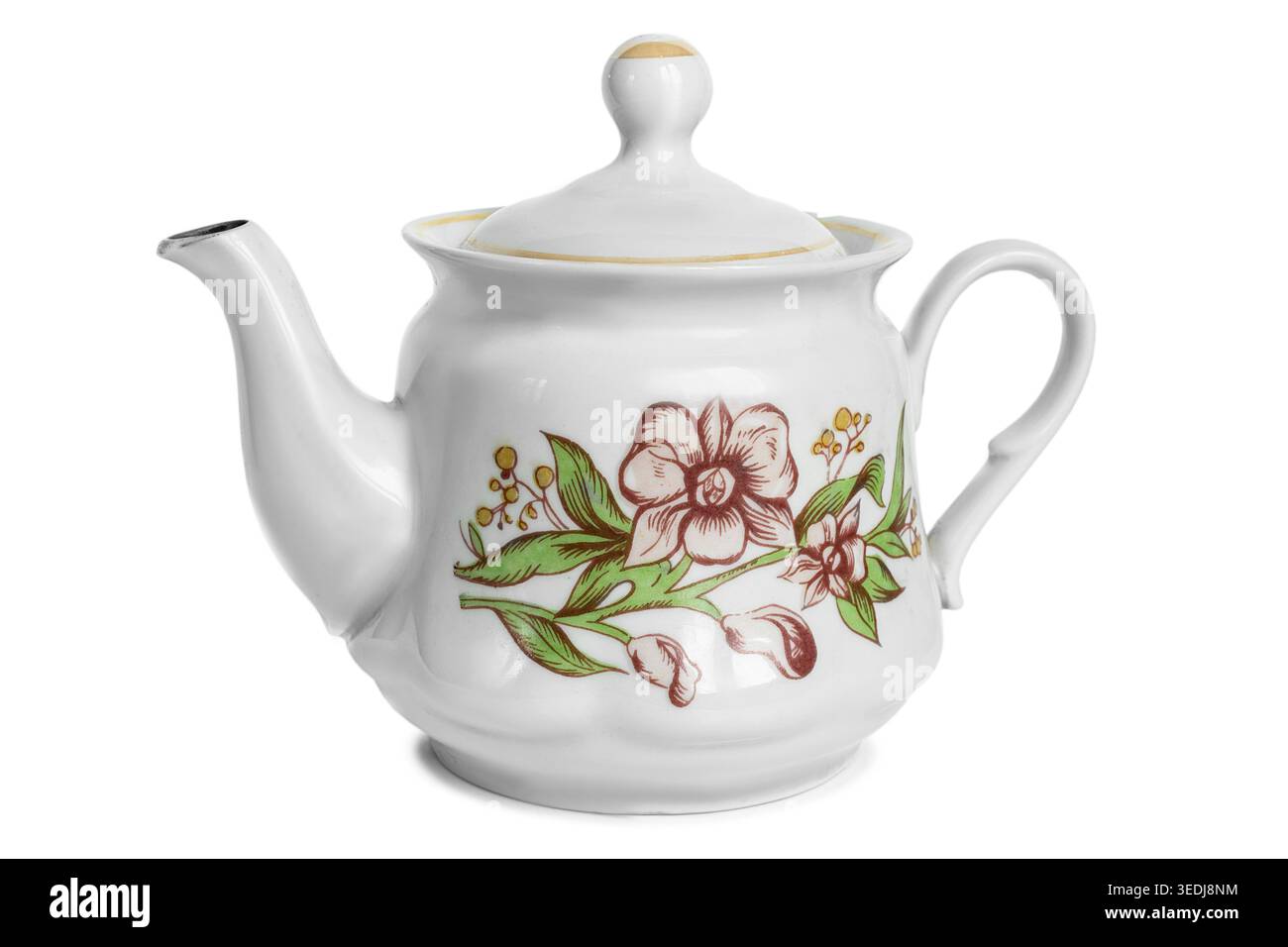Teiera in ceramica bianca dipinta con motivi floreali isolata su sfondo bianco Foto Stock