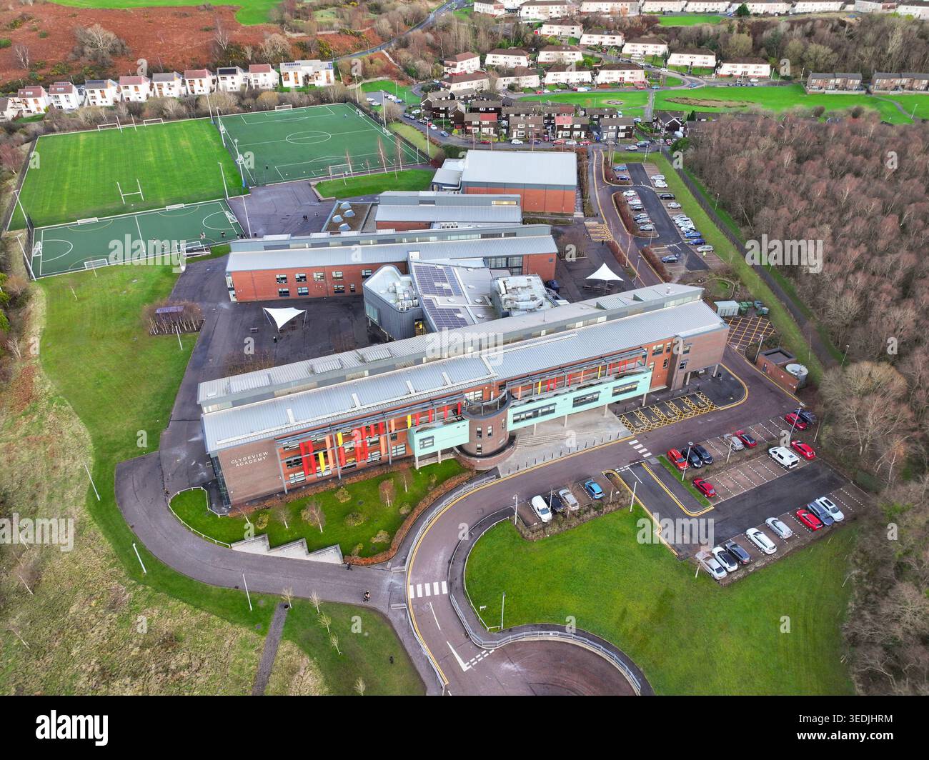 Vista aerea con drone della Clydeview Academy Greenock Foto Stock