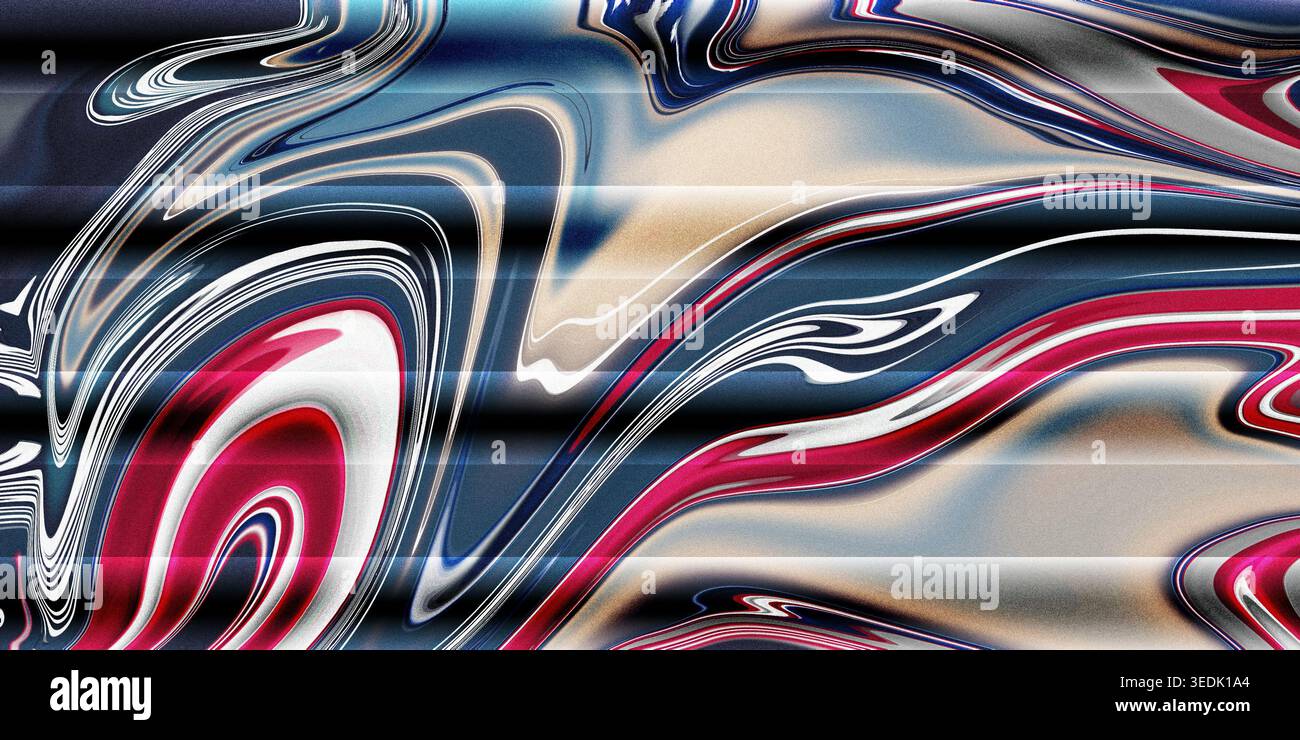Questa immagine presenta un'opera d'arte astratta con motivi vorticosi di tonalità rosse, bianche e blu su sfondo metallico, creando un accattivante Foto Stock