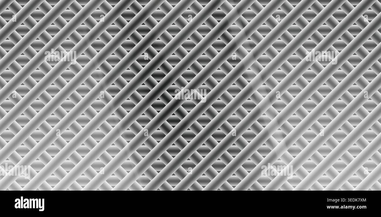 Uno sfondo astratto monocromatico caratterizzato da un complesso motivo intrecciato di linee e forme grigie diagonali, che crea un effetto testurizzato e geometrico. Foto Stock