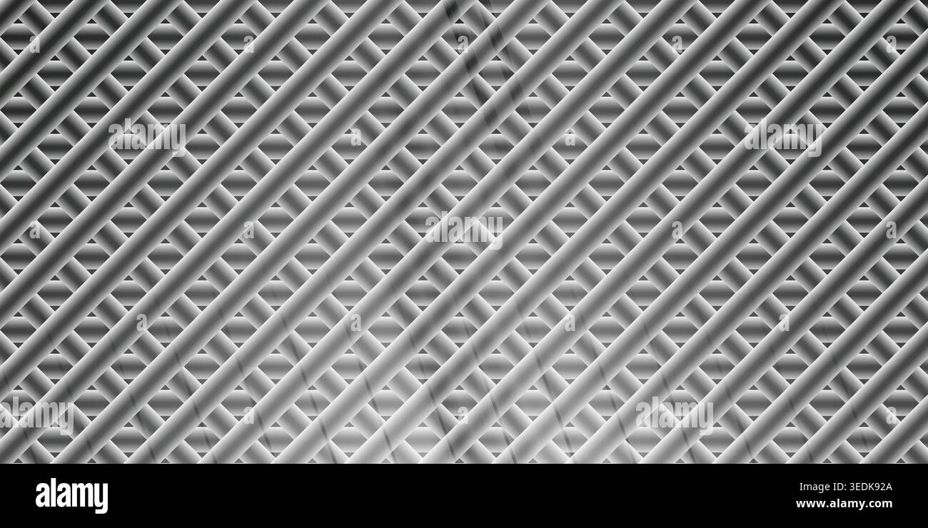 Uno sfondo astratto caratterizzato da un motivo a rete metallica con linee diagonali e un delicato effetto luminoso che emana dal basso. Foto Stock
