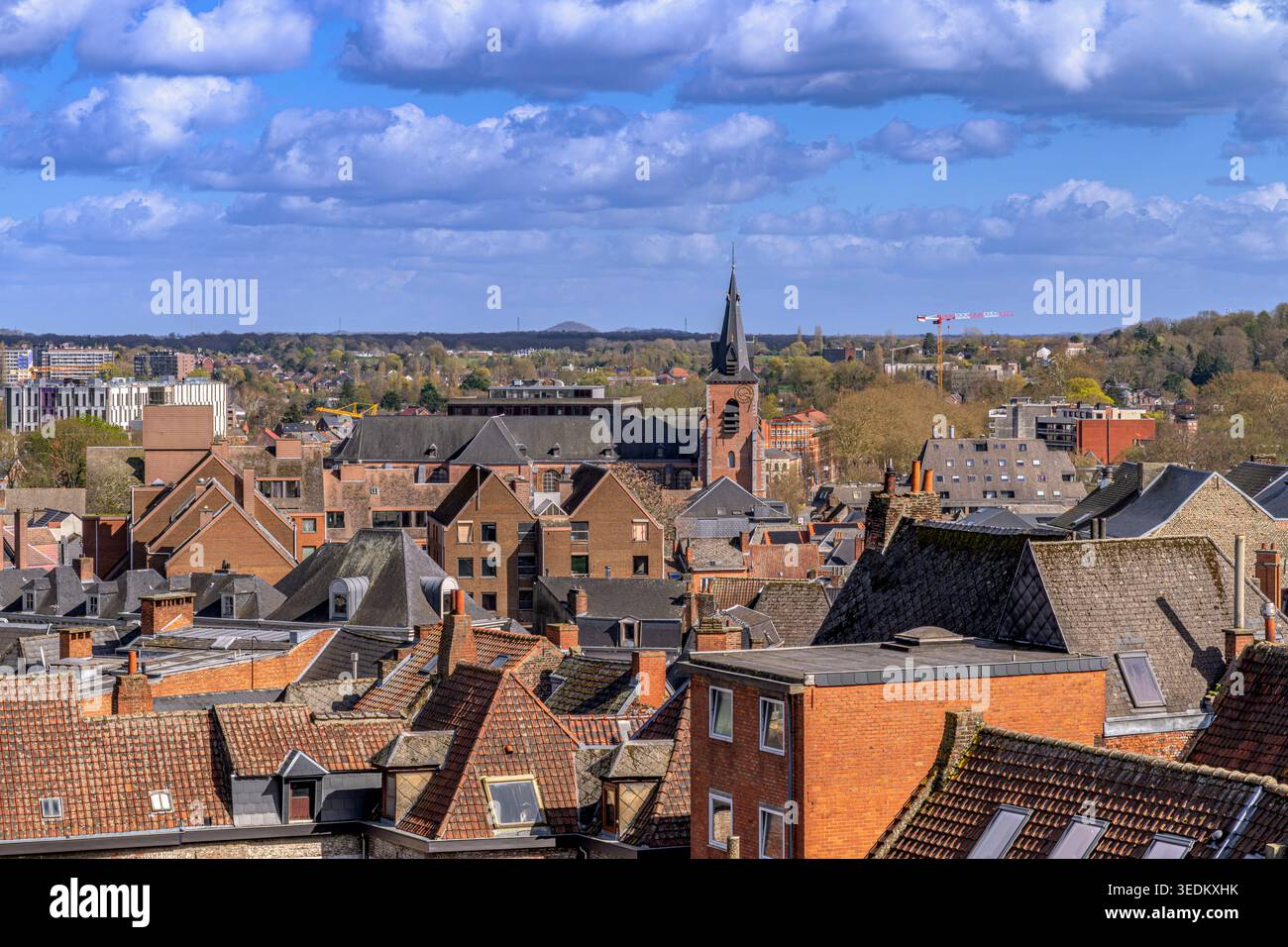 Guardando a nord-est sulla città belga di Mons, girato dal Belfry di Mons (Beffroi de Mons) con la torre dell'orologio fuori centro della Chiesa di Santa Elisabetta Foto Stock
