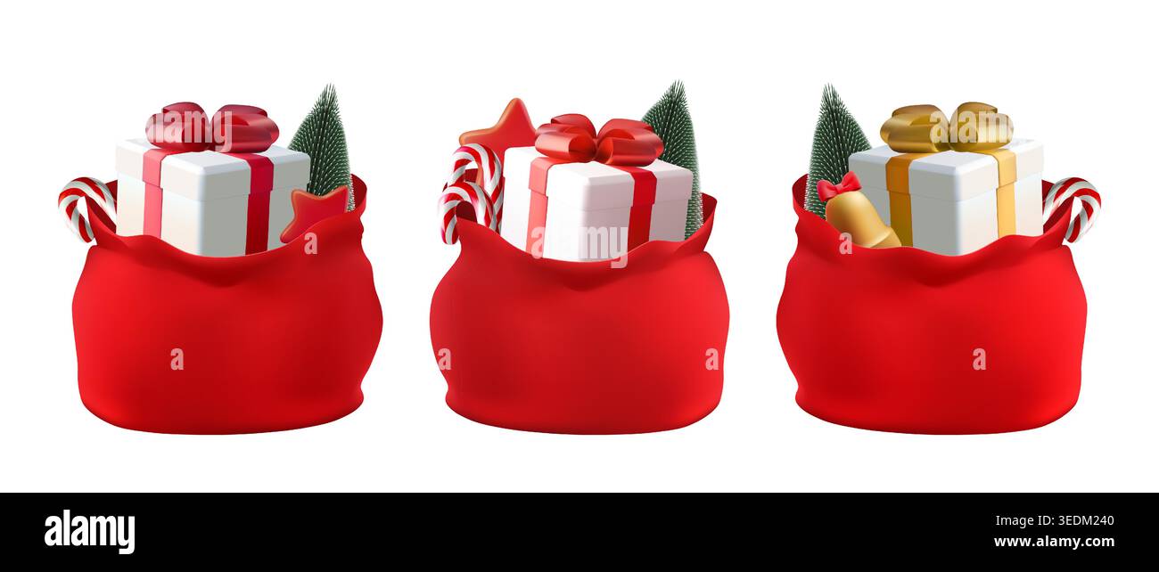 Babbo Natale 3D, borsa rossa aperta, piena di regali. Fiocco a nastro avvolto realistico, confezione regalo per le feste. Una collezione carina per la festa di Capodanno e la felice celebrazione. Buon appetito Illustrazione Vettoriale