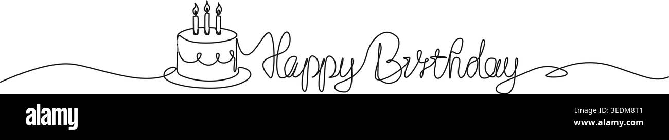 Disegno continuo della frase "BUON COMPLEANNO" e torta di compleanno, illustrazione vettoriale della line art Illustrazione Vettoriale