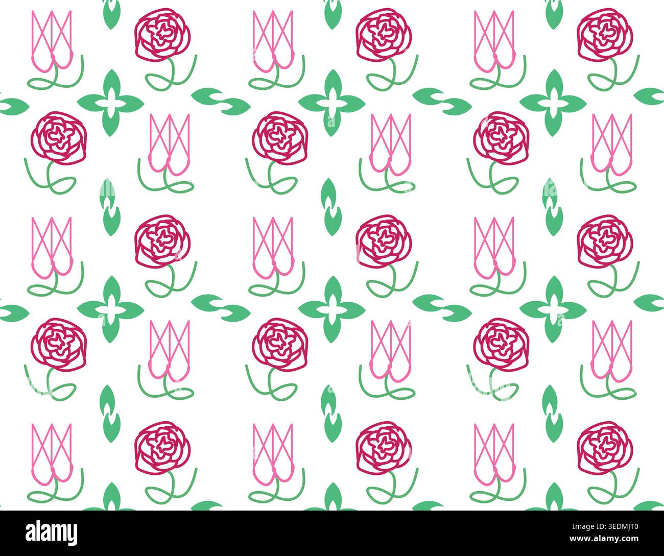 Sfondo floreale astratto senza cuciture con rose rosa e foglie verdi su base di tela bianca. Illustrazione Vettoriale