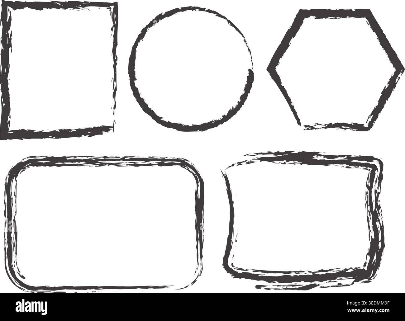 Set di cornici geometriche nere disegnate a mano con trama di inchiostro grunge su sfondo trasparente. Illustrazione Vettoriale