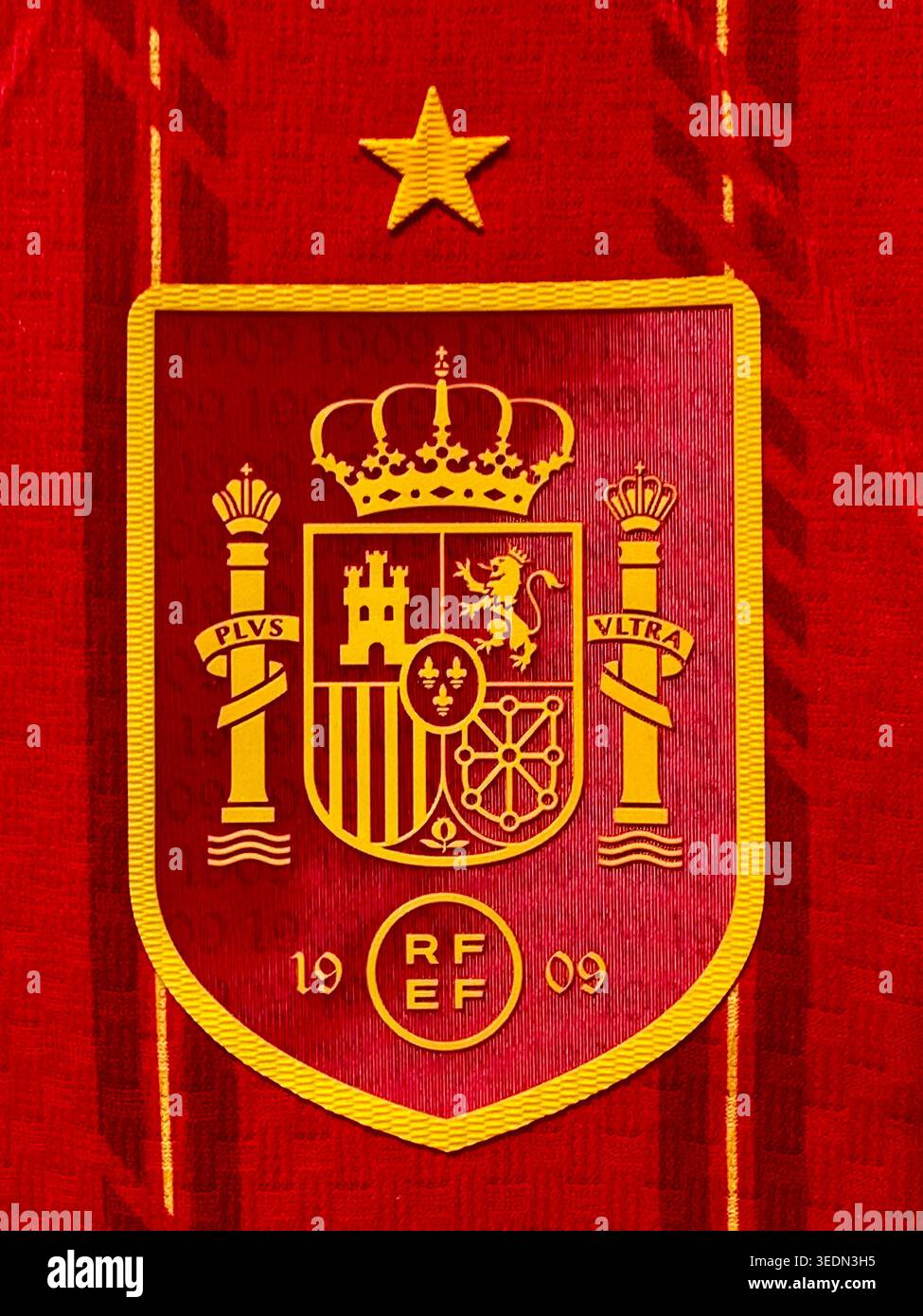 Distintivo della Spagna sulla maglia della nazionale di calcio Foto Stock