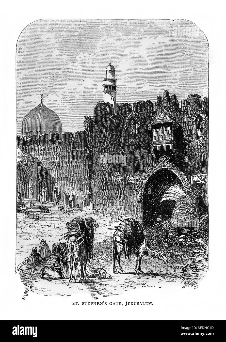 Incisione in legno della porta di Santo Stefano con la Cupola della roccia dietro Gerusalemme Israele dall'antico libro Palestina del XIX secolo passato e presente Pictore Foto Stock