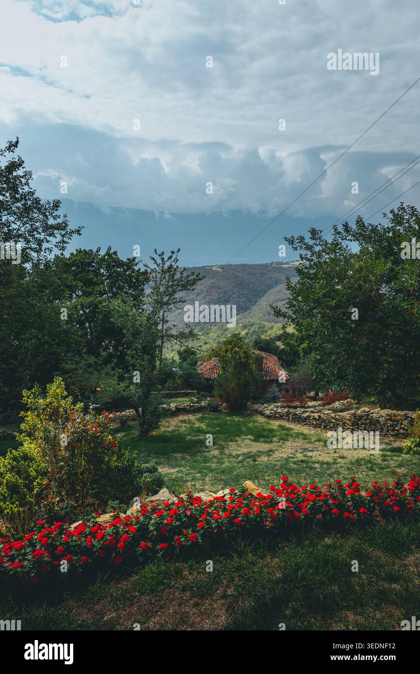 Un vivace giardino pieno di fiori rossi e vegetazione lussureggiante che si affaccia su un tranquillo paesaggio di montagna sotto le nuvole spettacolari. Ideale per temi della natura Foto Stock