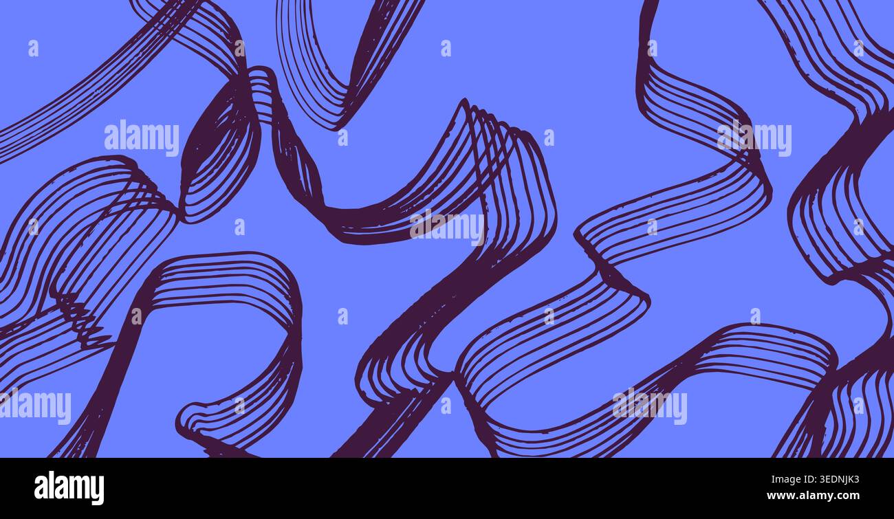 Sfondo ondulato astratto disegnato a mano con linee gialle curvate su sfondo blu. Illustrazione Vettoriale