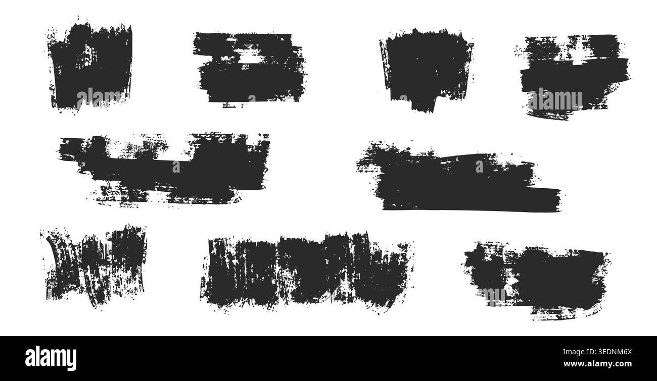 Un set di pennelli neri con linee ruvide e ruvide, che formano una raccolta grungy di segni di pennello a secco disegnati a mano. Illustrazione Vettoriale