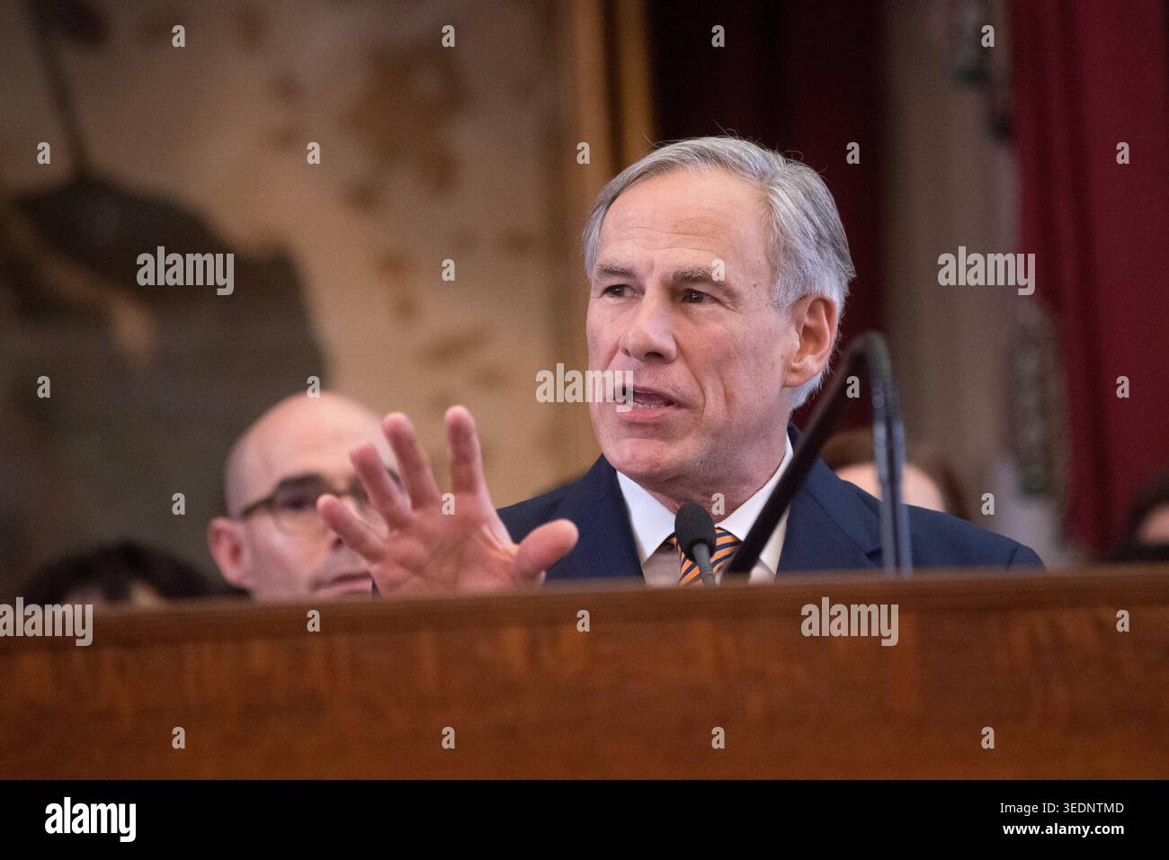 Il governatore del Texas Greg Abbott si rivolge alla camera dei rappresentanti, Austin, Texas, 8 gennaio 2019. (Foto di John Anderson/The Austin Chronicle) Foto Stock