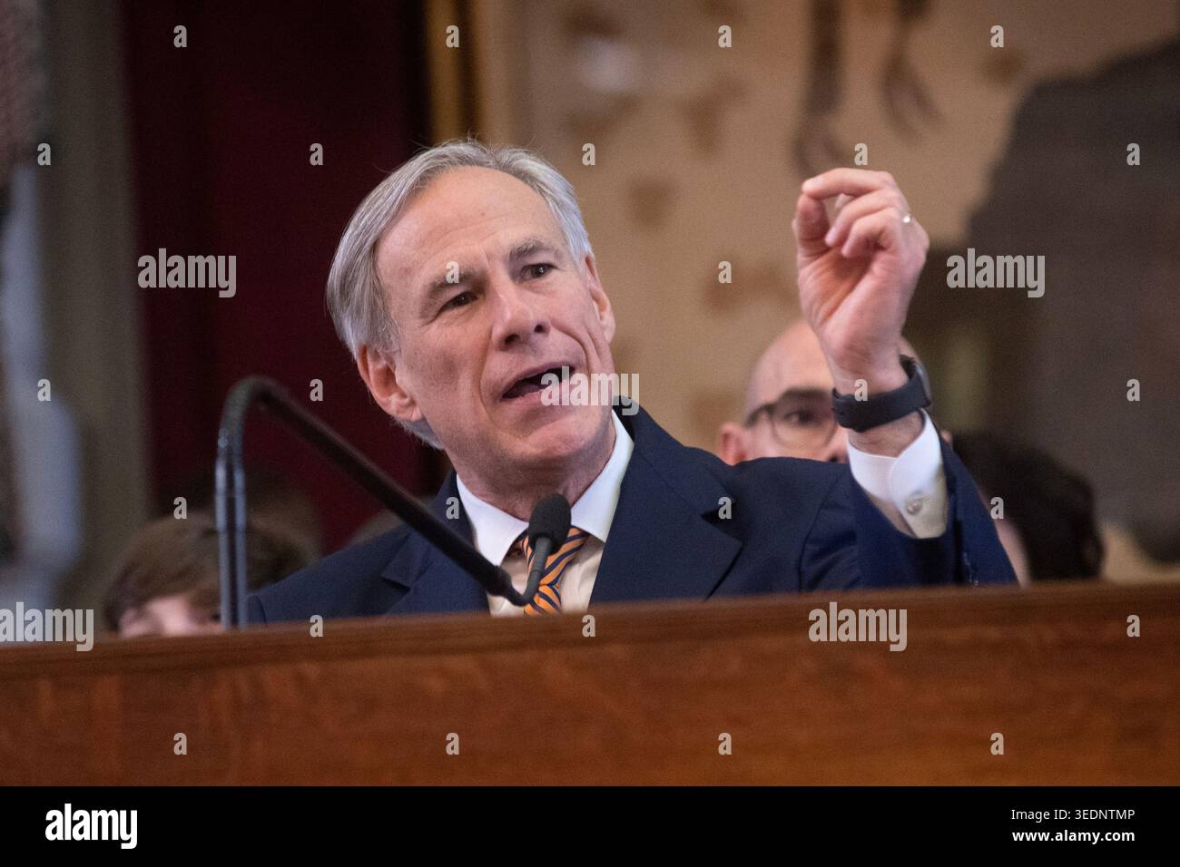 Il governatore del Texas Greg Abbott si rivolge alla camera dei rappresentanti, Austin, Texas, 8 gennaio 2019. (Foto di John Anderson/The Austin Chronicle) Foto Stock