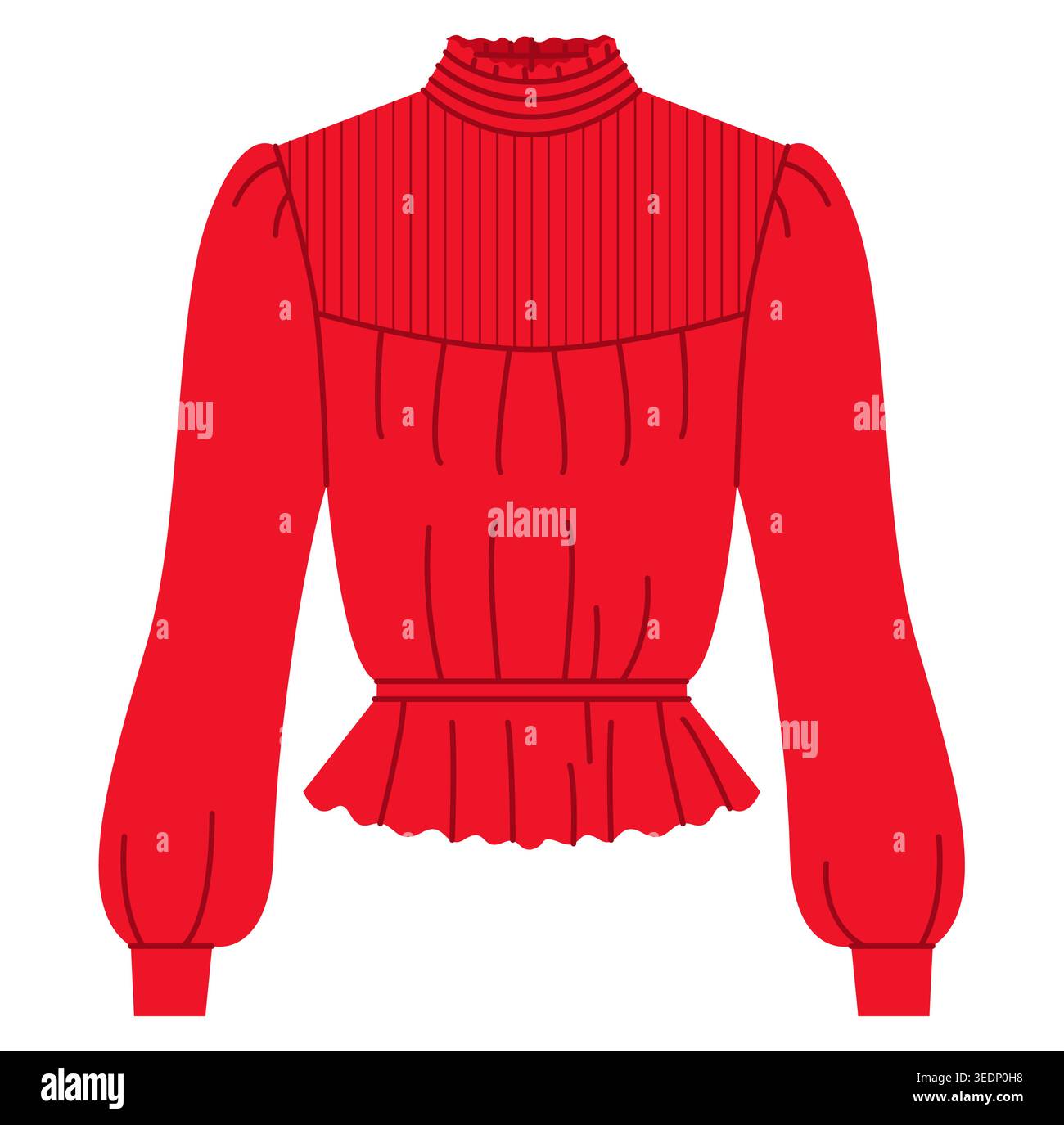 Blusa rossa con scollo alto con volant, orlo a pieghe con pisello e vita aderente a maniche lunghe per una silhouette elegante e femminile. Vista frontale illustrazione tecnica di moda. Vettore Illustrazione Vettoriale