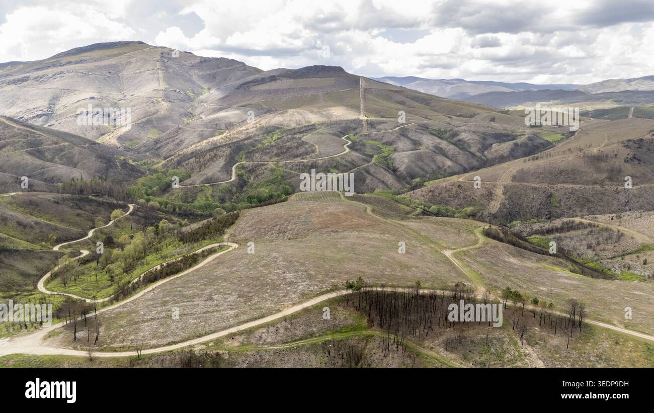 Vista aerea di colline ondulate con tortuose strade sterrate e vegetazione sparsa sotto un cielo nuvoloso nella provincia di Ourense, Spagna. Foto Stock