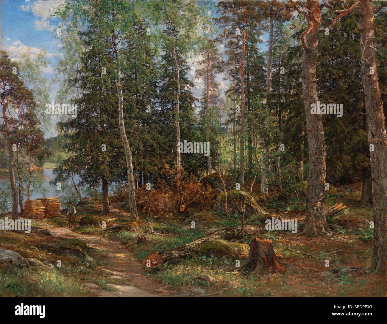 Illustrazione storica dell'interno della foresta, argomento di Laavala, Helsinki dell'artista finlandese Berndt Lindholm, dipinto nel 1886. Il paesaggio pittorico del XIX secolo raffigura una foresta nordica illuminata dal sole con torreggianti pini e betulle, sentieri boschivi e una tranquilla scena lacustre che riflette la bellezza della campagna finlandese. Foto Stock