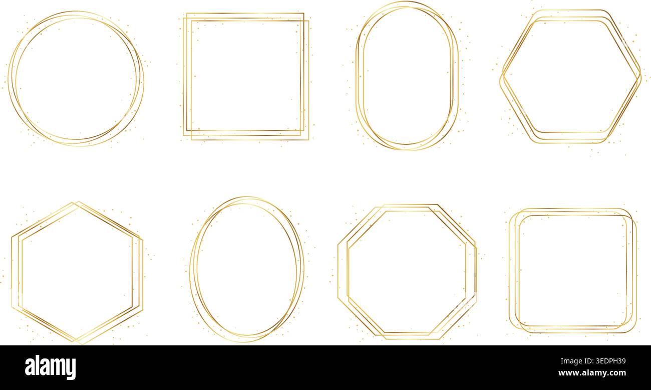 Eleganti cornici geometriche dorate con linee sottili e lussuose e sottili dettagli glitterati. La collezione include cerchio, quadrato, ovale, esagonale e ottagono Illustrazione Vettoriale