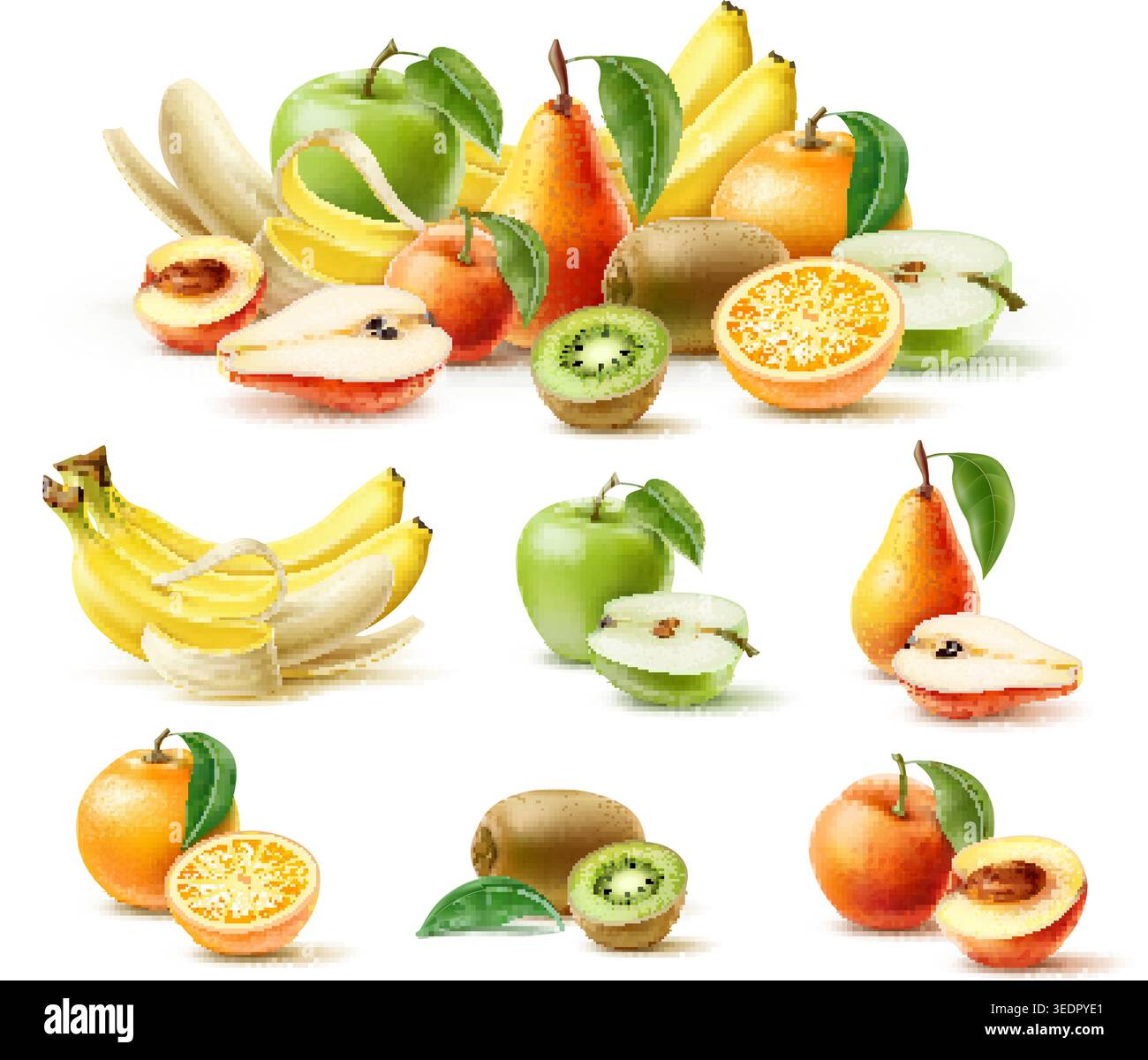 Frutti realistici. Arancia, pesca o pera dolci e succose. Mela verde. Nutrizione vitaminica. Kiwi e Peach Halves. Deliziosa albicocca. Agrumi freschi in 3D. Illustrazione Vettoriale