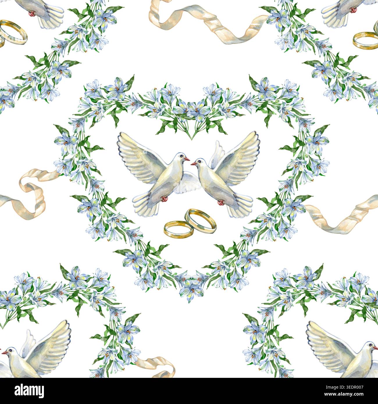 Motivo acquerello senza cuciture con cuori da sposa realizzati con fiori blu, colombe bianche, anelli d'oro e nastri di seta. Elegante e romantico disegnato a mano Foto Stock