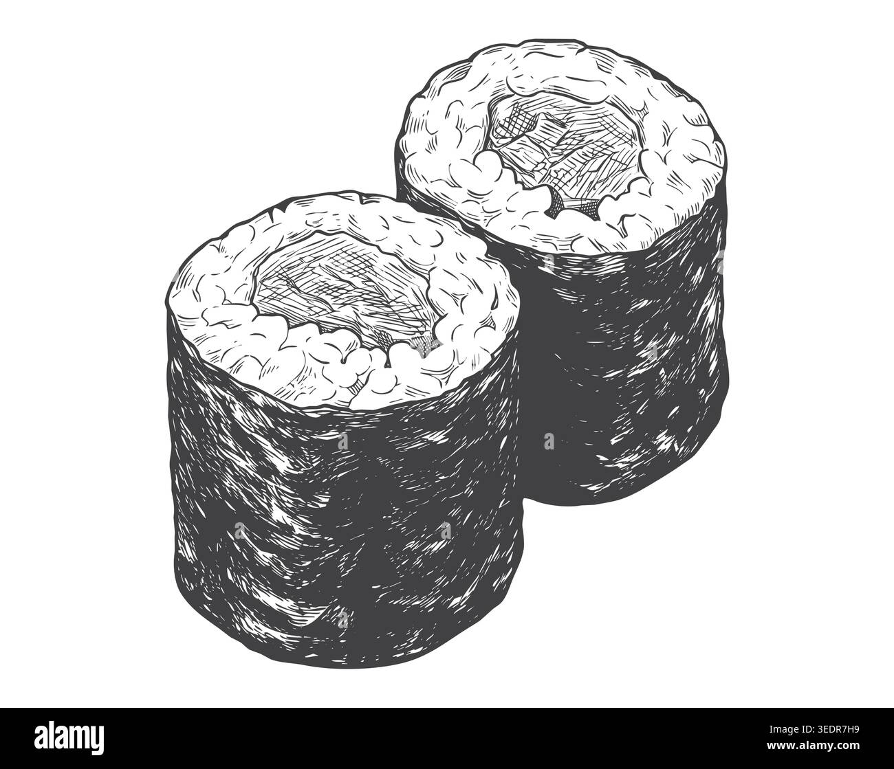 Illustrazione dettagliata di piccoli rotoli di sushi hosomaki. Eccellente per menù minimalisti di sushi, autentico ristorante giapponese, e. Illustrazione Vettoriale