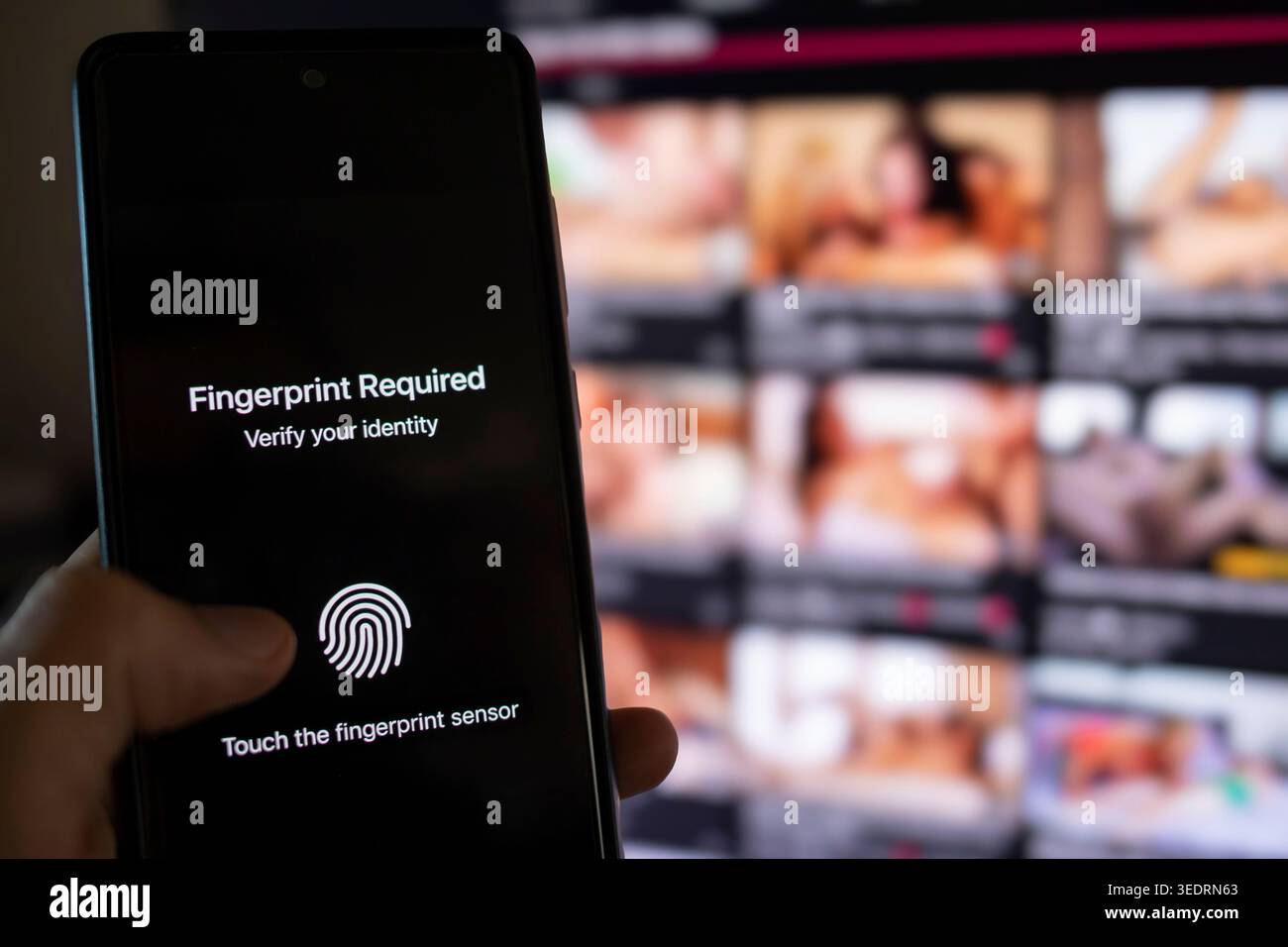 Persona in possesso di uno smartphone che visualizza un messaggio di verifica dell'identità per l'autenticazione delle impronte digitali, indicante la restrizione del contenuto per adulti al fine di garantire la verifica dell'età e la sicurezza digitale Foto Stock