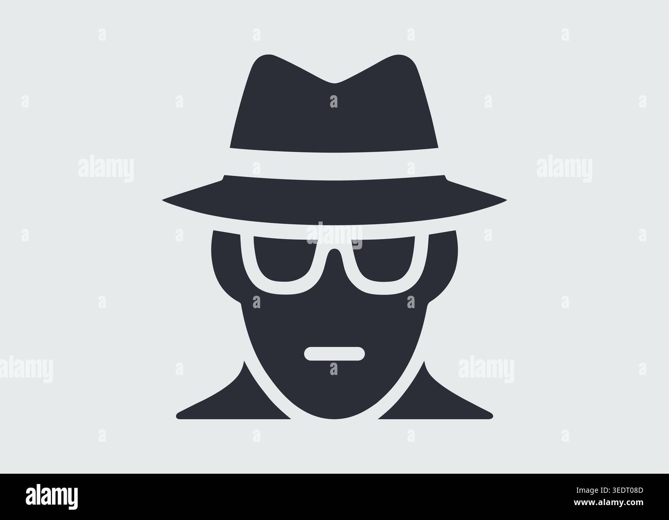 Spia, detective, agente segreto, icona. Mafioso in cappello semplice pittogramma piatto. Simbolo, disegno logo illustrazione vettoriale. Computer hacker avatar Conce Illustrazione Vettoriale