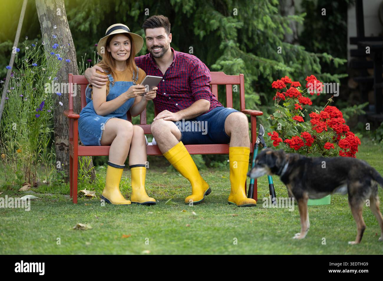 Una coppia siede su una panchina rossa in un giardino. Stanno utilizzando un dispositivo mentre un cane è nelle vicinanze. Fiori e alberi verdi li circondano. Foto Stock