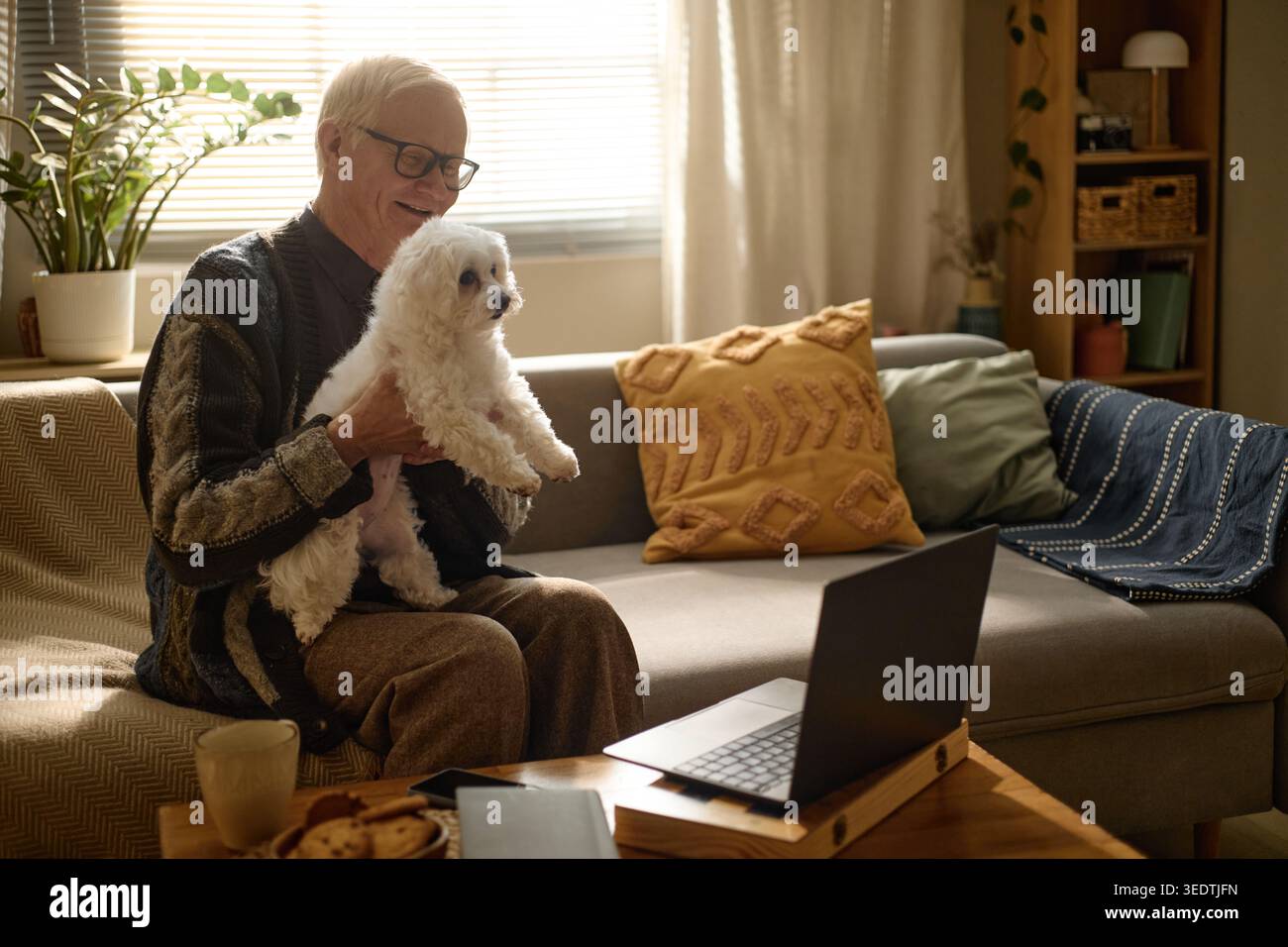 Uomo anziano che tiene in mano il cane durante le videochiamate dall'ufficio domestico Foto Stock