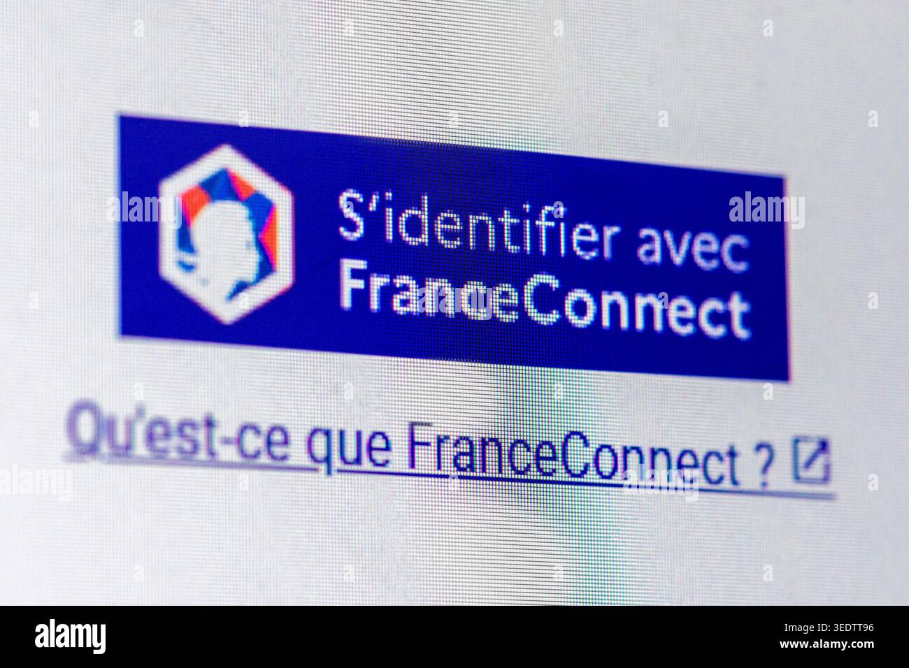 Dettaglio di un sito Web del governo francese con il pulsante 'S'Identifier avec FranceConnect' in primo piano (in inglese: 'Accedi con FranceConnect') Foto Stock