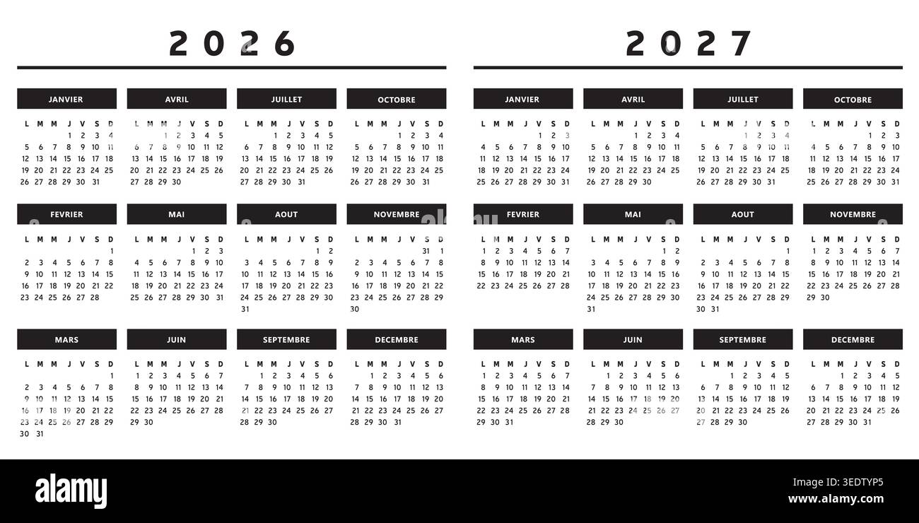 2026 e 2027 calendari con scatole in bianco e nero 4 colonne - francese Illustrazione Vettoriale