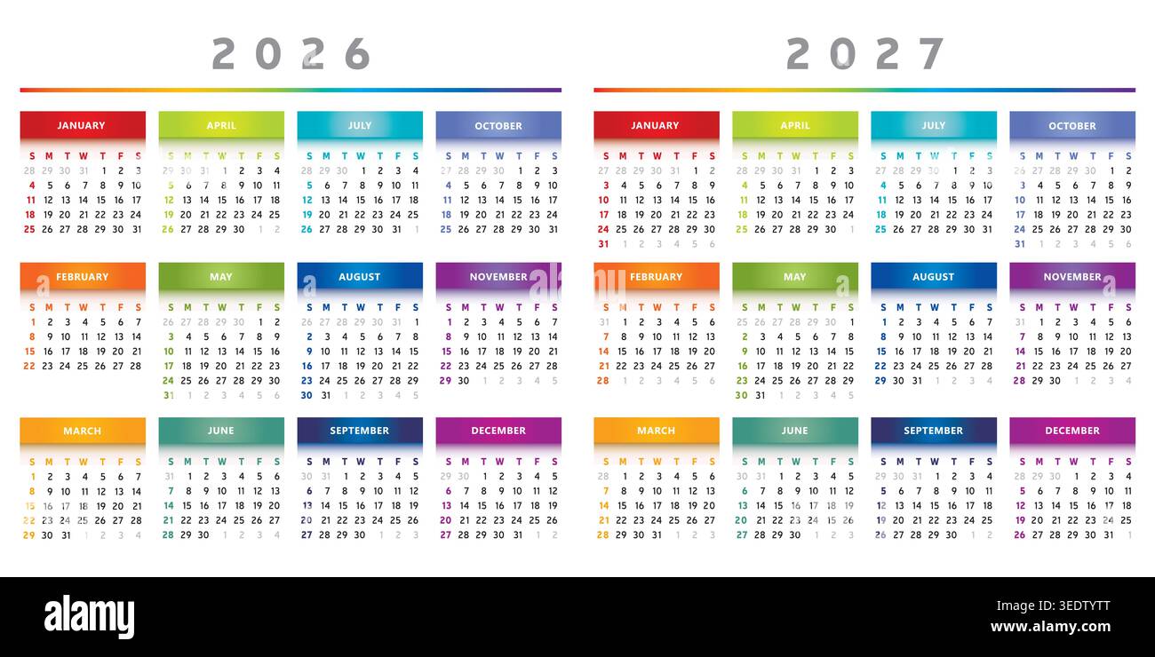 2026 e 2027 calendari con scatole in Rainbow Colors 4 colonne - inglese Illustrazione Vettoriale