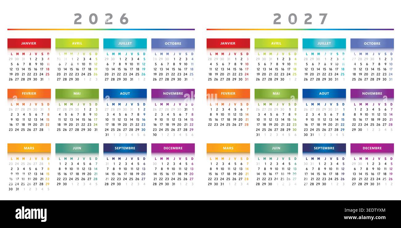 2026 e 2027 calendari con scatole in colori arcobaleno 4 colonne - francese Illustrazione Vettoriale