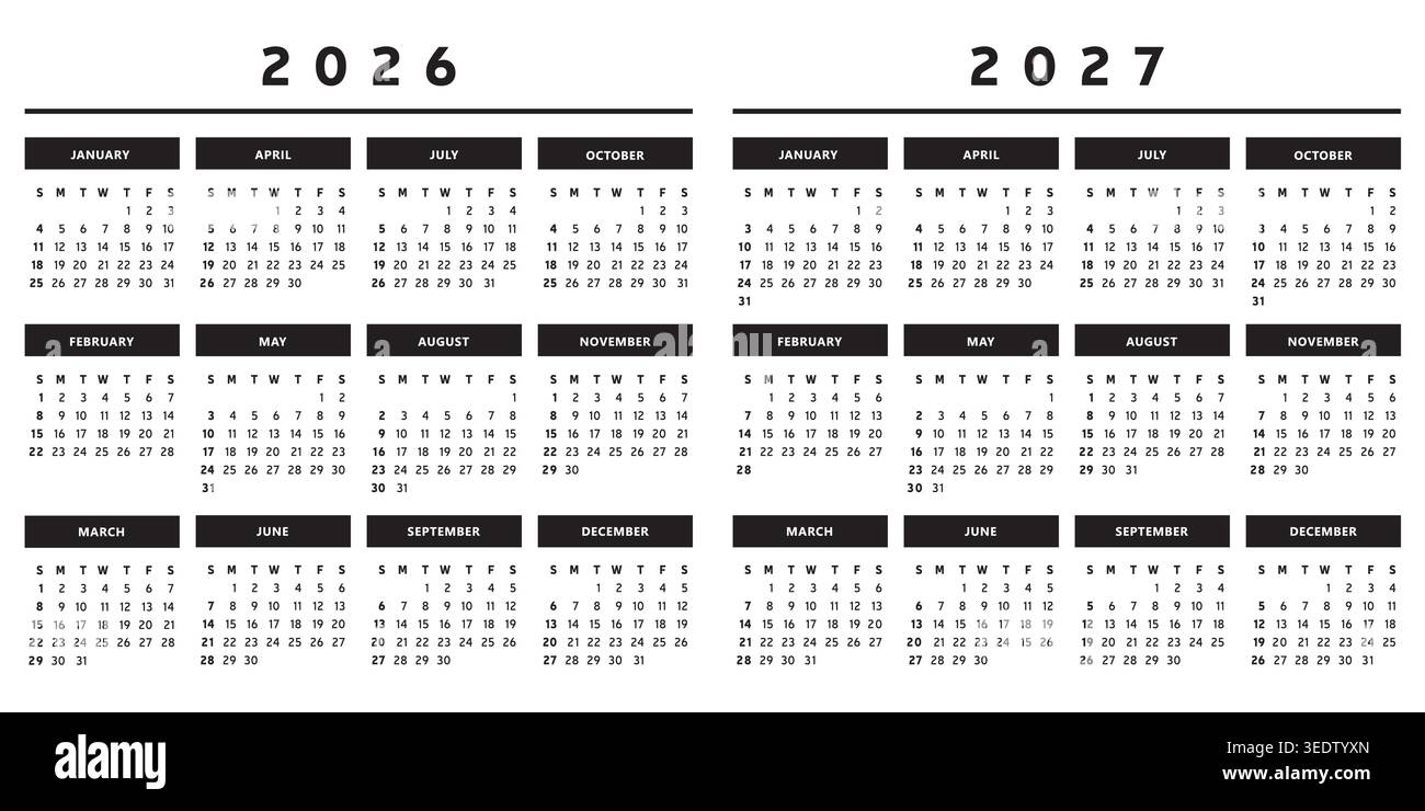 2026 e 2027 calendari con scatole in bianco e nero 4 colonne - inglese Illustrazione Vettoriale