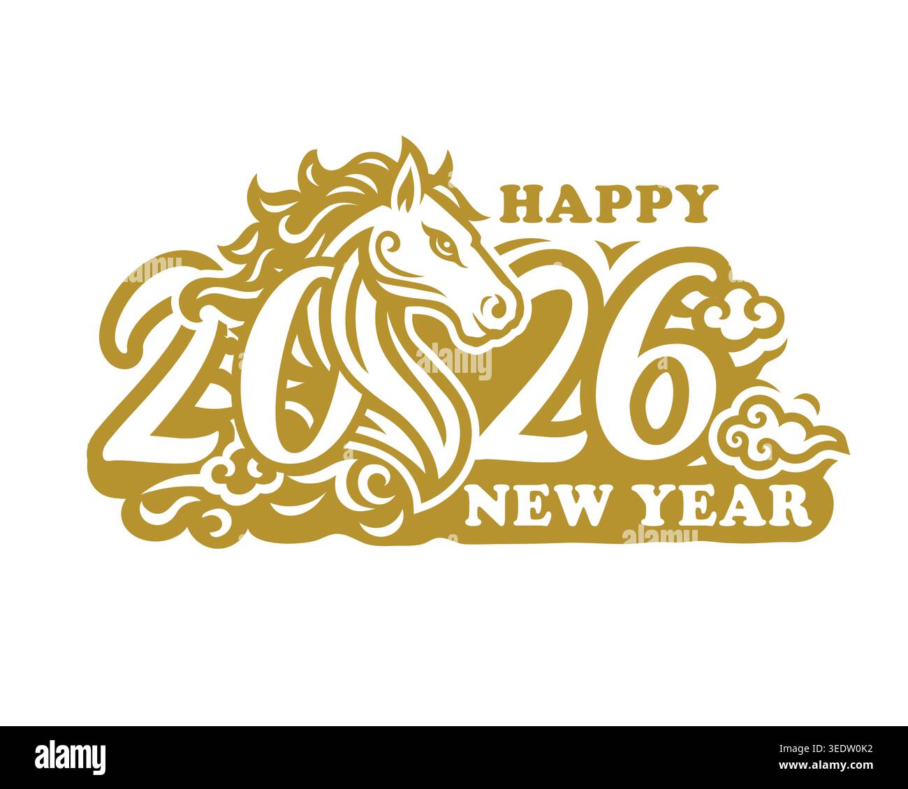 Design Golden New Year 2026 con ornamenti stilizzati a cavallo e nuvole che simboleggiano forza, fortuna e celebrazione. Illustrazione Vettoriale
