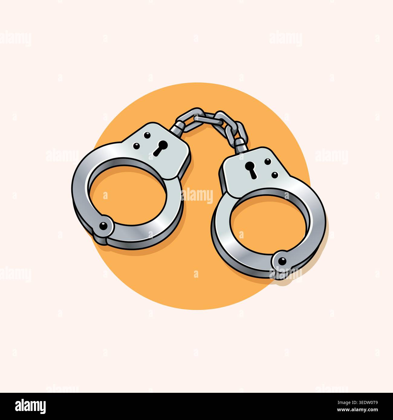 Un paio luccicante di polsini in metallo collegati da una catena corta, illustrato in uno stile cartoni animati pulito su un morbido cerchio sullo sfondo. Illustrazione Vettoriale