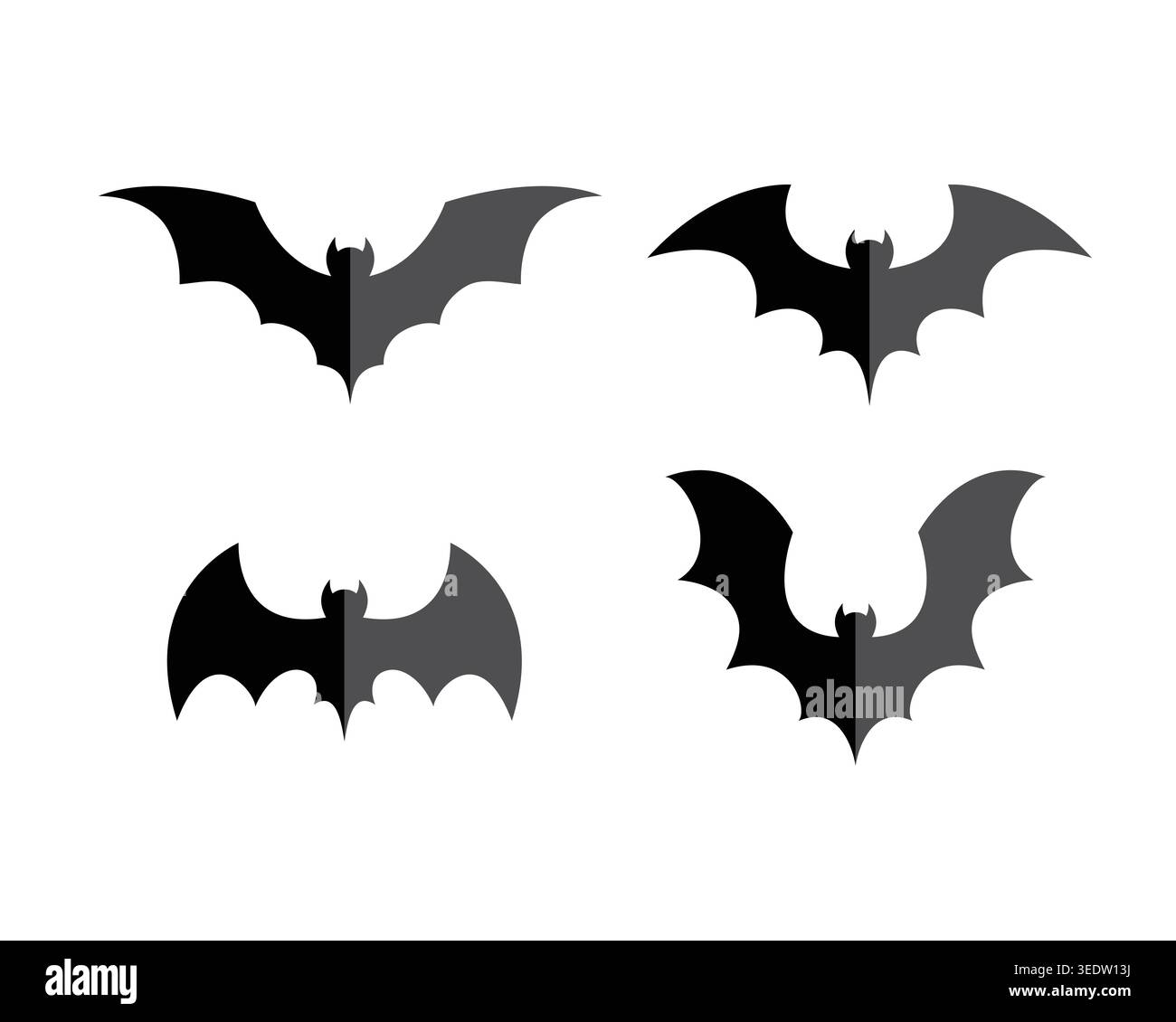 Quattro sagome di pipistrello nere con diverse forme delle ali, icone minimaliste di Halloween su sfondo bianco per temi di design spettrali. Illustrazione Vettoriale