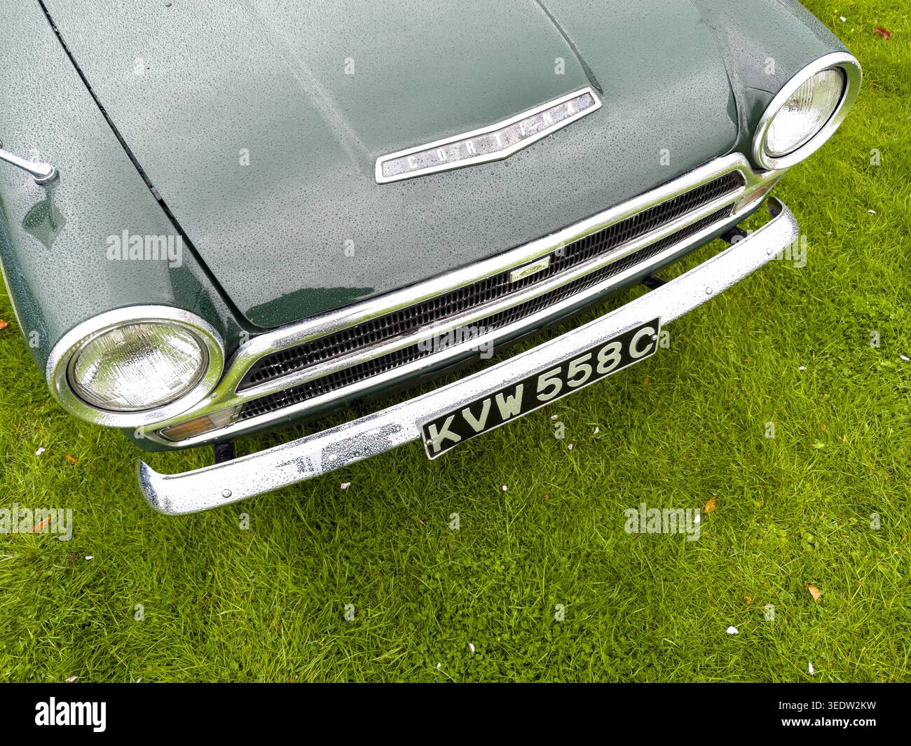 Primo piano della parte anteriore di una classica Ford Cortina verde scuro parcheggiata su erba verde con paraurti e fari cromati visibili Foto Stock